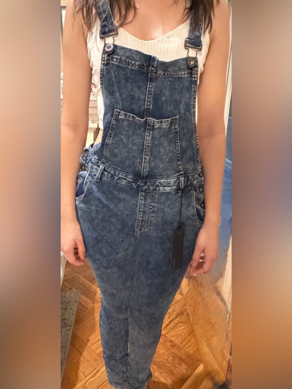 JCJQ Women's Acid Wash Denim Overalls in Dark Blue